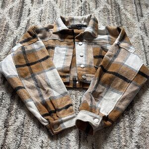 HYFVE Plaid Cropped Shacket in Brown and Cream